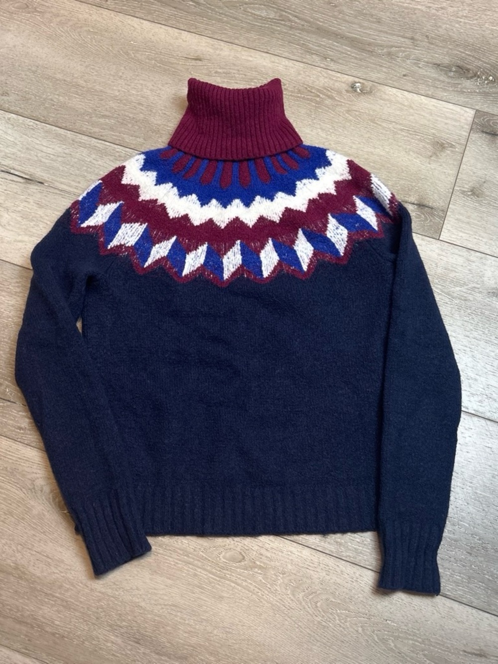 J. Crew Navy Turtleneck Sweater with Burgundy, Royal Blue & White Fair Isle Yoke